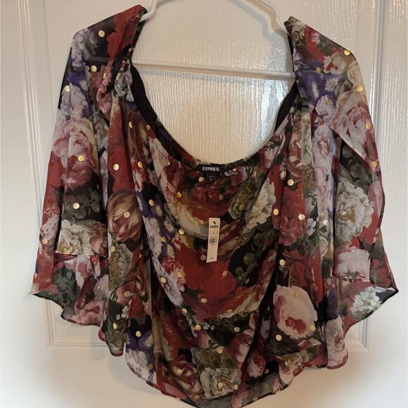 Express- Women's Off the Shoulder Slit Sleeve Sheer Floral Shirt, Size Large NWT - Picture 2 of 7
